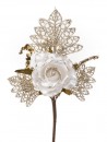 Ramura decorativa cu trandafir, alb - auriu, 26cm, 6 buc