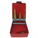 Set de burghie Strend Pro SS421, 4-12, 4-20, 4-32 mm, TiN, HSS 4241, treptat, drept, pentru metal