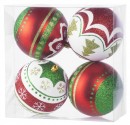 Globuri MagicHome Christmas, 4 buc, rosu - verde, cu ornamente, pe brad, 10 cm