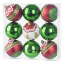 Globuri MagicHome Christmas, 9 buc, rosu - verde, cu decor, pe brad, 6 cm