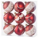 Globuri MagicHome Christmas, 9 buc, rosu cu ornament, pe brad, 6 cm